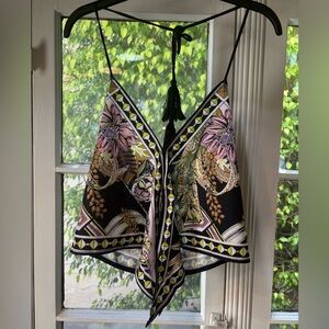 Urban Outfitters Black and Pink Floral Scarf Halter Crop Top